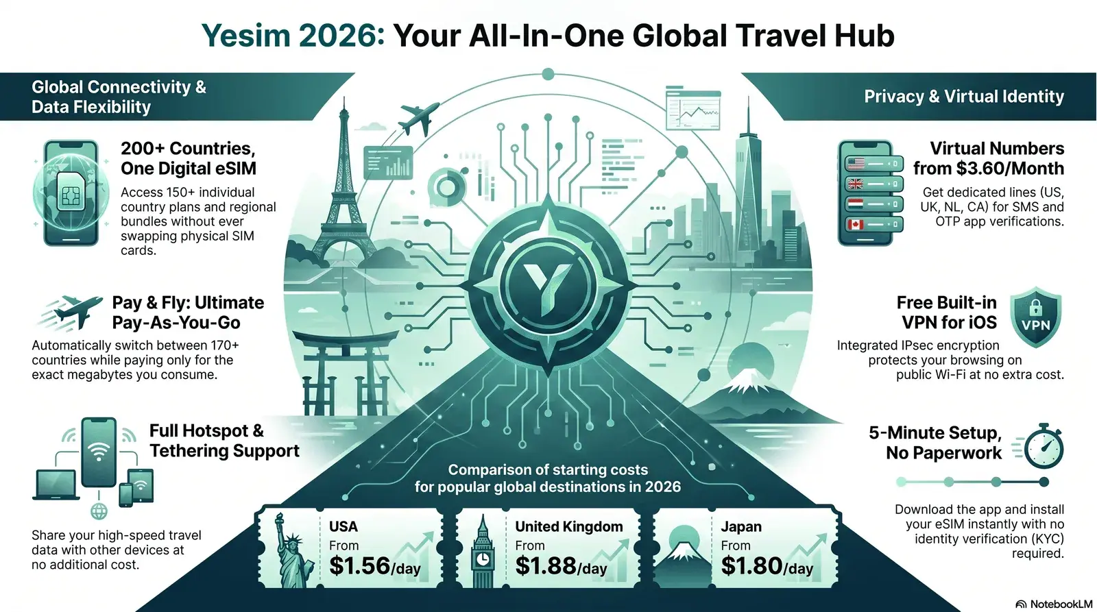 Yesim eSIM review 2026 — one eSIM for 200+ countries, virtual numbers and Pay & Fly data explained